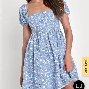 Fit to Frolic Blue Eyelet Lace Puff Sleeve Babydoll Dress
